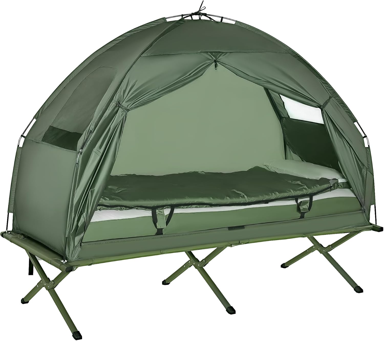 Camping Tent Cot, Folding Tent Cot Combo with Mattress, Pillow, Sleeping Bag, Roller Carrying Bag, Off Ground Travel Camp Cot for Hiking, Backpacking