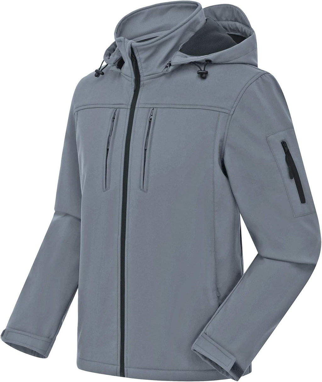Men's Softshell Military Jacket With Removable Hood, Fleece Lined and Water Repellent Outdoor Reflective Coat