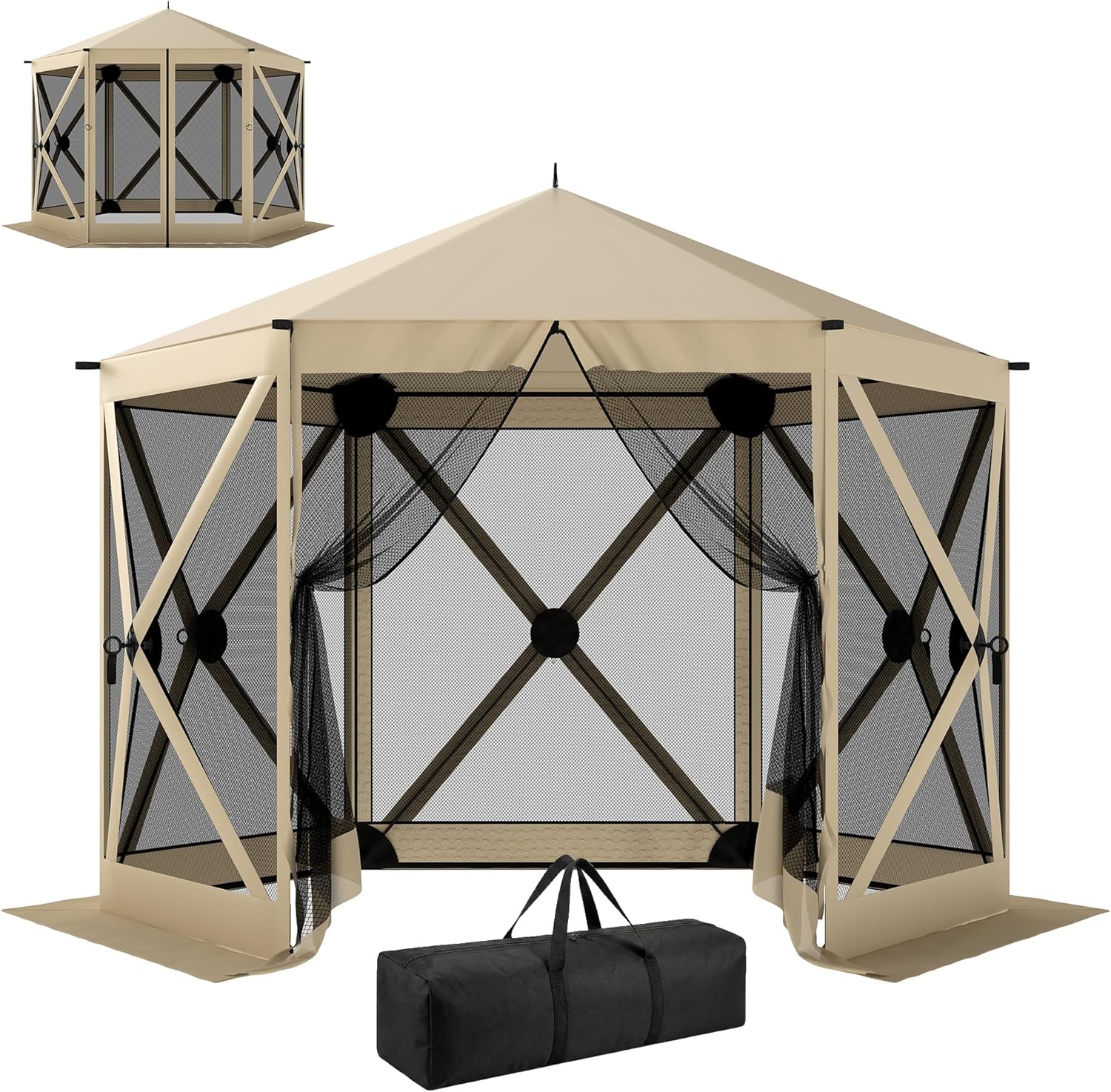10 x 11 ft Pop Up Gazebo Screen Tent, Outdoor Portable Instant Camping Canopy Screen House Sun Shelter with Mesh Nettings, Carry Bag, Ground Stakes, Ropes for Patio, Backyard, Beige